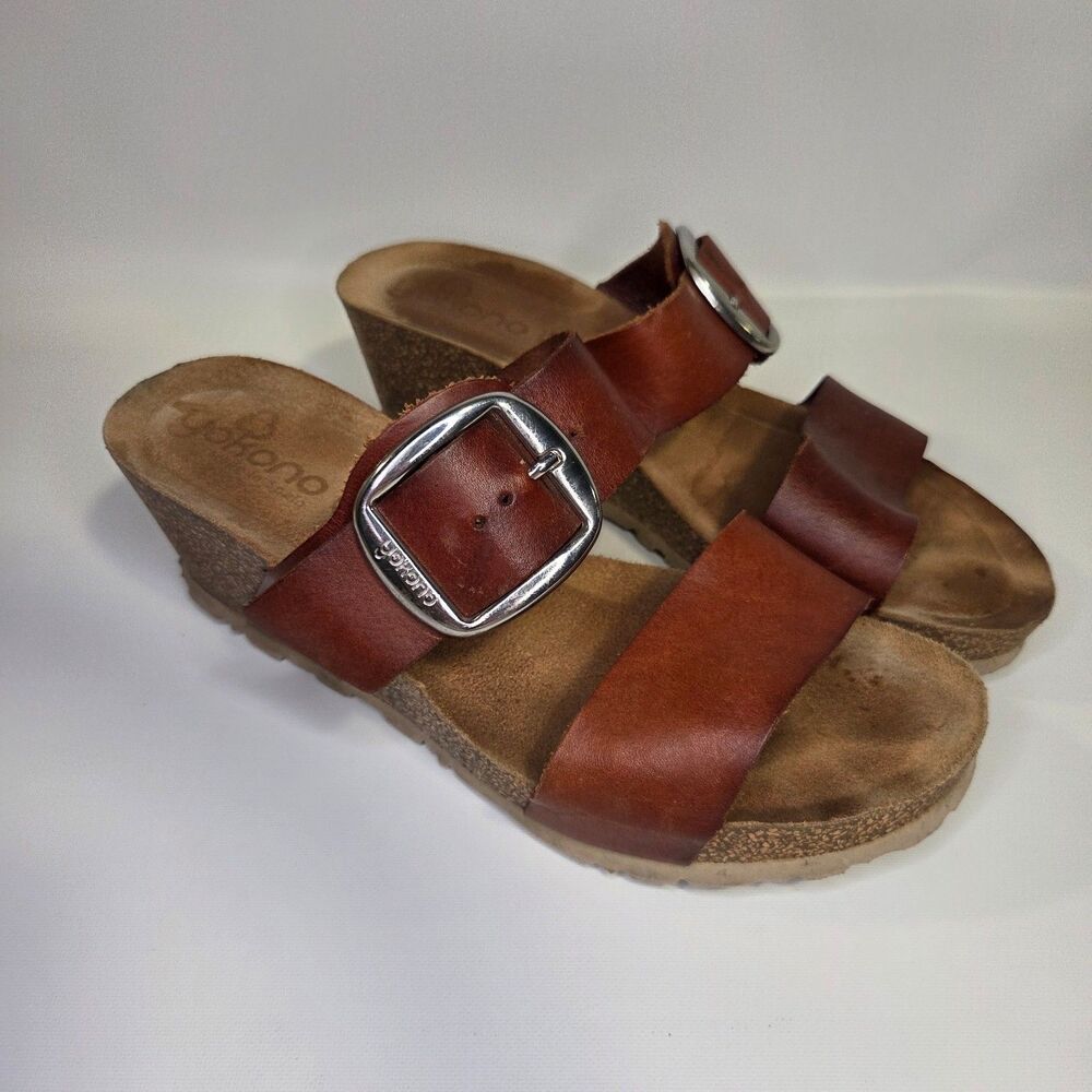 Yokono Brown Leather Wedge Buckle Slide Sandals Size 8 Spain